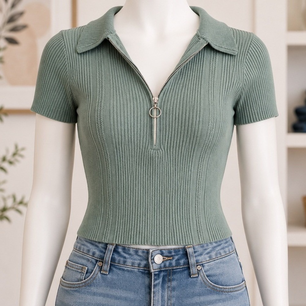 Guess Womens Polo Sweater Sage Green Ribbed Quarter Zip Knit Top L